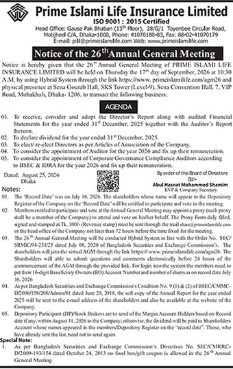 Notice of the 26th Annual General Meeting of prime islami life insurance limited